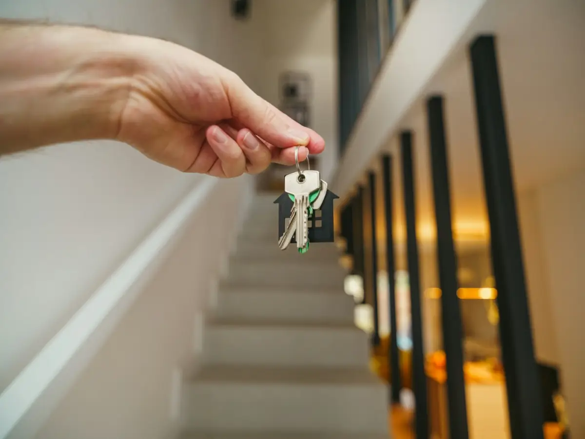 Une main tenant les clés d'une maison devant un escalier